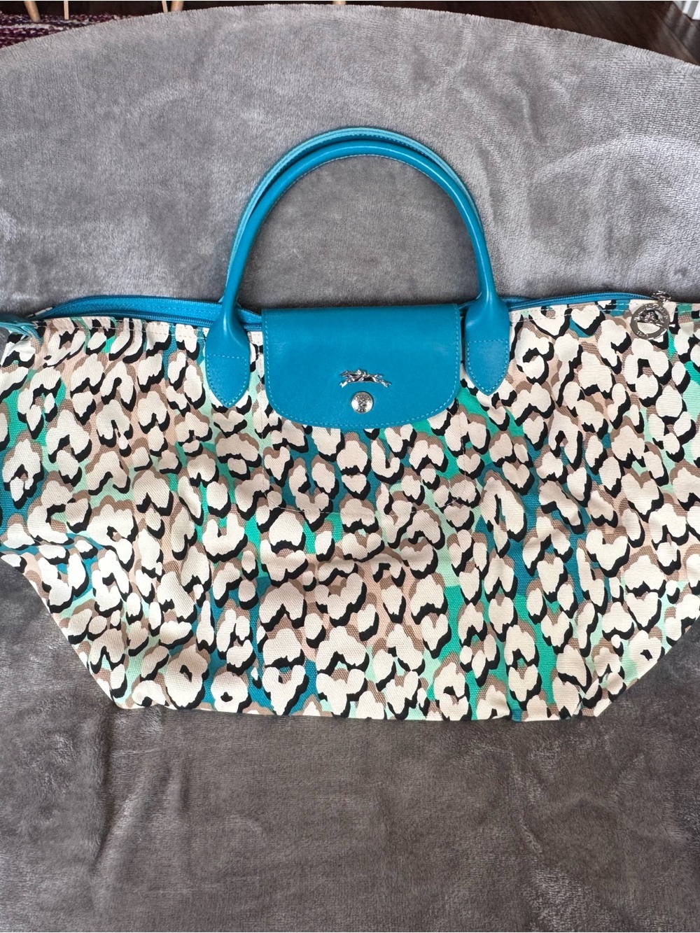 Longchamp Blue Handle Leopard Print Tote Bag